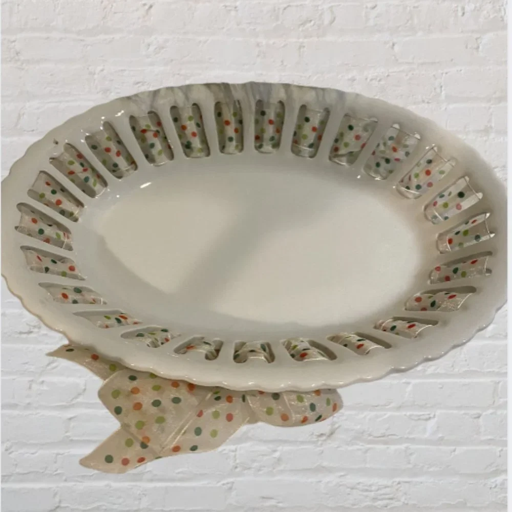 PARTY PLATE -- Ceramic, Bread/Candy/Cookies/Favors, Polka Dot Ribbon Wrapped